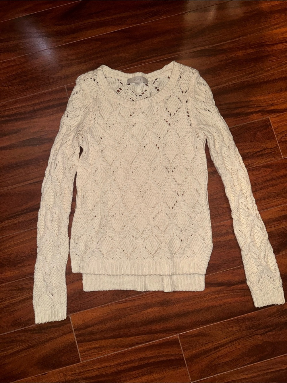 LOFT Cream Open-Stitch Crewneck Sweater